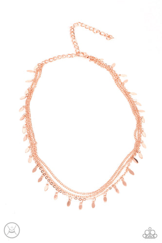 Infused with two dainty rows of rose gold chains, a row of rose gold oval discs glisten around the neck for a playful look. Features an adjustable clasp closure.