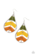 Load image into Gallery viewer, Colorful sections of shiny Olive Branch, mustard, and Adobe threads decoratively weave along arched silver bars inside of a shiny silver teardrop, resulting into an earthy lure. Earring attaches to a standard fishhook fitting.
