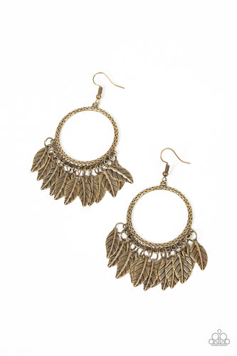 Embossed brass feathers dance from the bottom of a hammered brass hoop, resulting into a free-spirited fringe. Earring attaches to a standard fishhook fitting.
