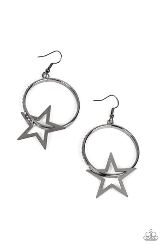 A flat gunmetal star glides along a gunmetal hoop, resulting in a stellar fashion. The front of the gunmetal hoop is encrusted in glassy white rhinestones for a glitzy finish. Earring attaches to a standard fishhook fitting. 