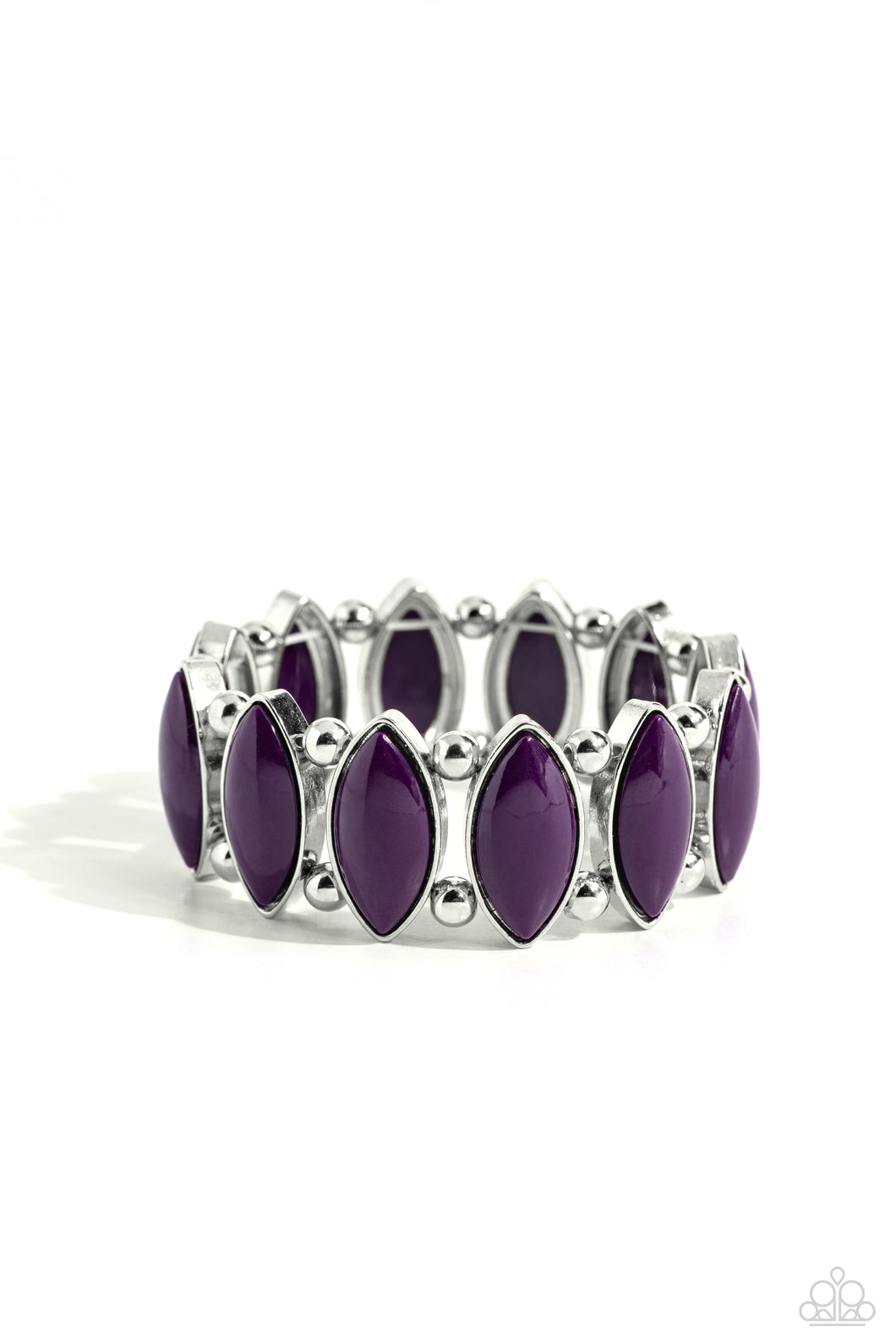 Encased in sleek silver frames, oversized plum beaded frames alternate with pairs of classic silver beads along stretchy bands around the wrist for a vivacious pop of color.Encased in sleek silver frames, oversized plum beaded frames alternate with pairs of classic silver beads along stretchy bands around the wrist for a vivacious pop of color.  Sold as one individual bracelet.