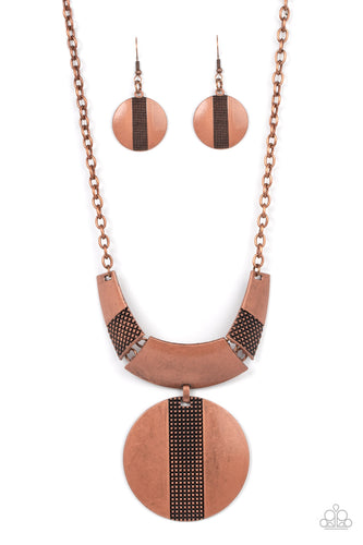Three wide curved copper bars, stamped in studded textured accents, connect to a copper chain across the collar. A substantial copper disc, divided down the center with texture, swings from the bottom resulting in an edgy modern finish. Features an adjustable clasp closure. 