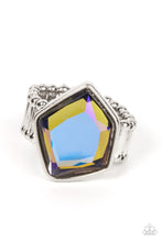 Load image into Gallery viewer, Featuring a purple UV finish, a faceted geometric multicolored gem sits asymmetrically atop the finger for a stellar finish. Features a stretchy band for a flexible fit.
