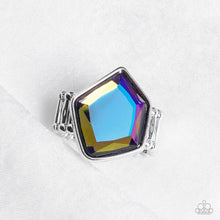 Load image into Gallery viewer, Featuring a purple UV finish, a faceted geometric multicolored gem sits asymmetrically atop the finger for a stellar finish. Features a stretchy band for a flexible fit.
