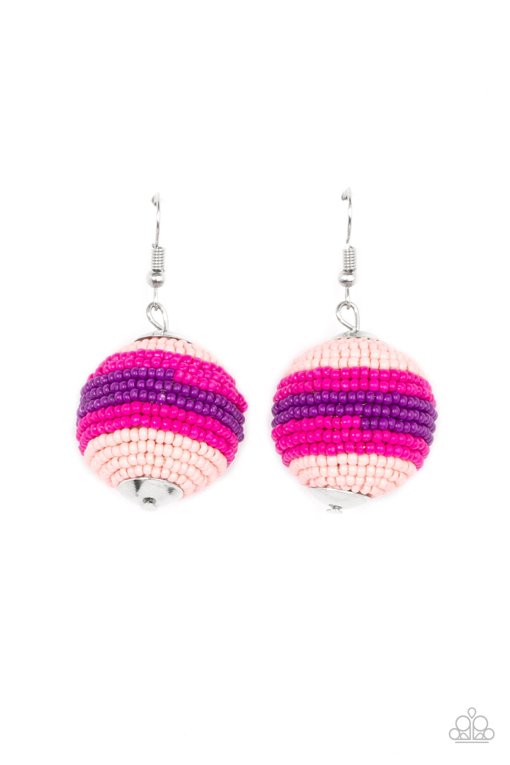 Strands of Pale Rosette, Fuchsia Fedora, and purple seed beads decoratively spin around a spherical frame, resulting in a colorful 3-dimensional display. Earring attaches to a standard fishhook fitting.