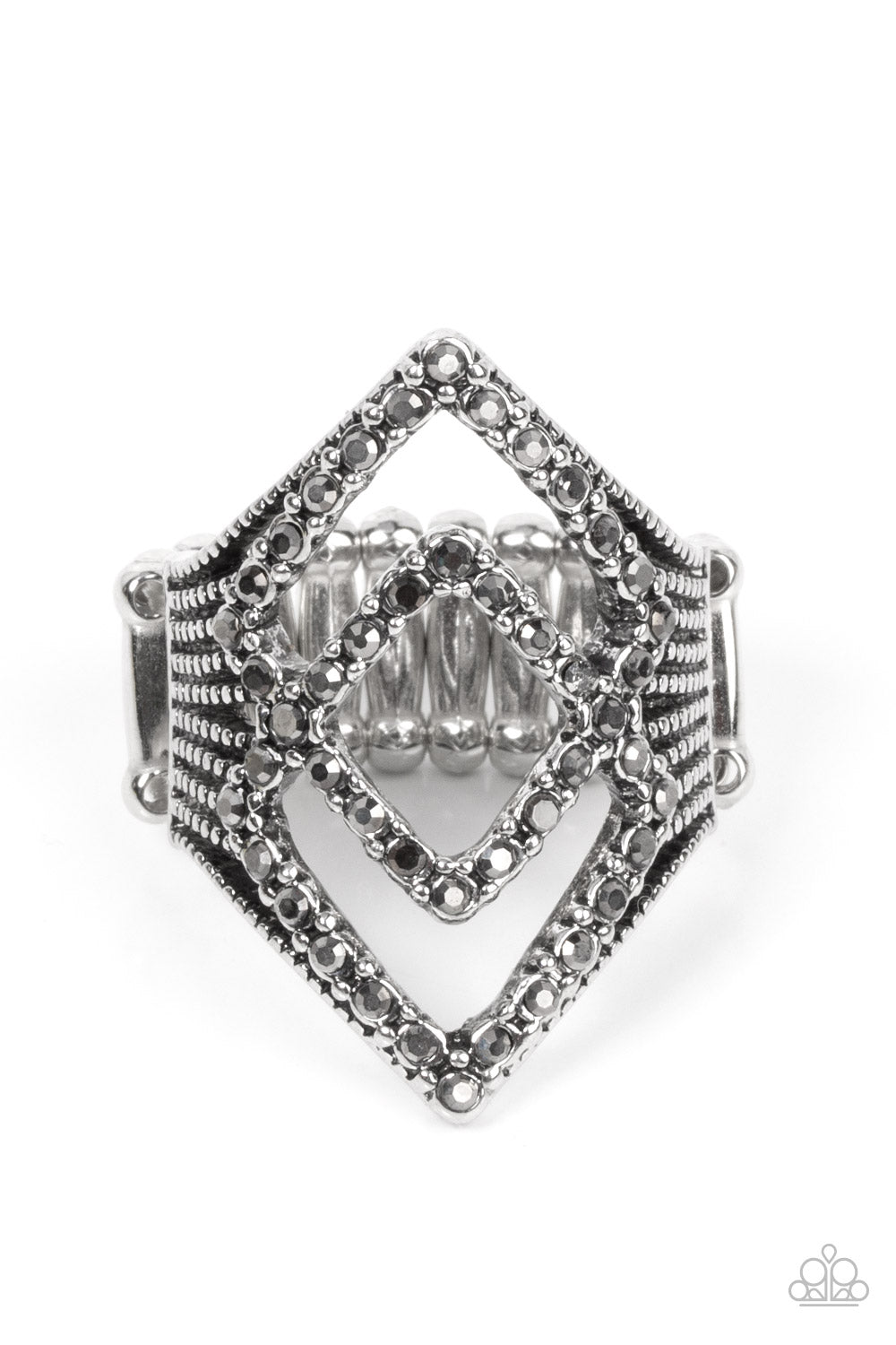 A pair of hematite encrusted diamond shaped frames stacks atop studded silver fittings, culminating into an edgy sparkle. Features a stretchy band for a flexible fit.