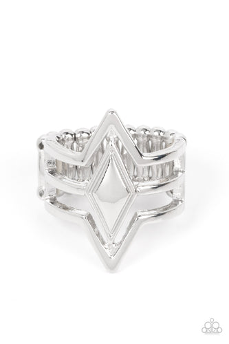 Silver bands angle around a silver diamond shaped frame, layering into a deceivingly simple centerpiece atop the finger. Features a stretchy band for a flexible fit.