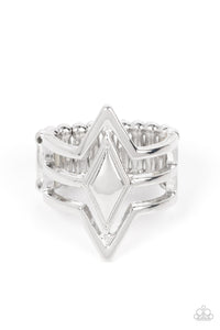 Silver bands angle around a silver diamond shaped frame, layering into a deceivingly simple centerpiece atop the finger. Features a stretchy band for a flexible fit.