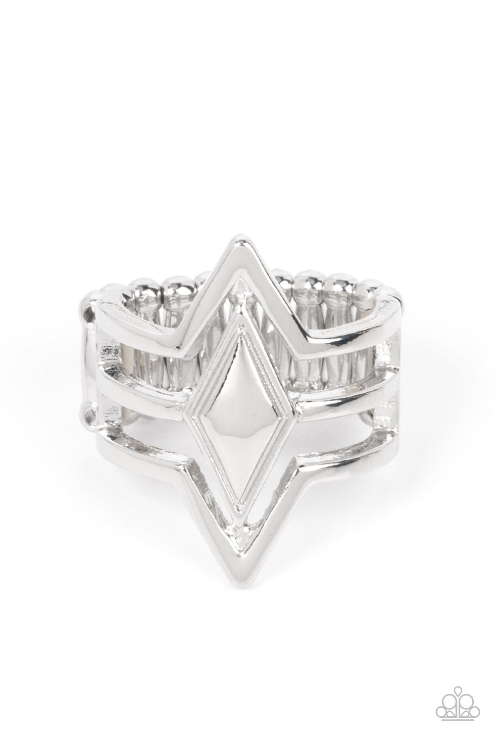 Silver bands angle around a silver diamond shaped frame, layering into a deceivingly simple centerpiece atop the finger. Features a stretchy band for a flexible fit.
