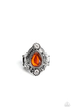 Load image into Gallery viewer, Glassy white rhinestones flank a mystically oversized burnt orange teardrop atop folds of studded and filigree filled silver ruffles, culminating into an enchanting centerpiece atop a decorative silver band. Features a stretchy band for a flexible fit.
