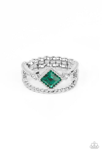 Enhanced with a twisted silver band, a green square cut gem tilts between two dainty white rhinestones atop a plain silver band for a prismatically layered look. Features a dainty stretchy band for a flexible fit.