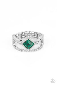Enhanced with a twisted silver band, a green square cut gem tilts between two dainty white rhinestones atop a plain silver band for a prismatically layered look. Features a dainty stretchy band for a flexible fit.
