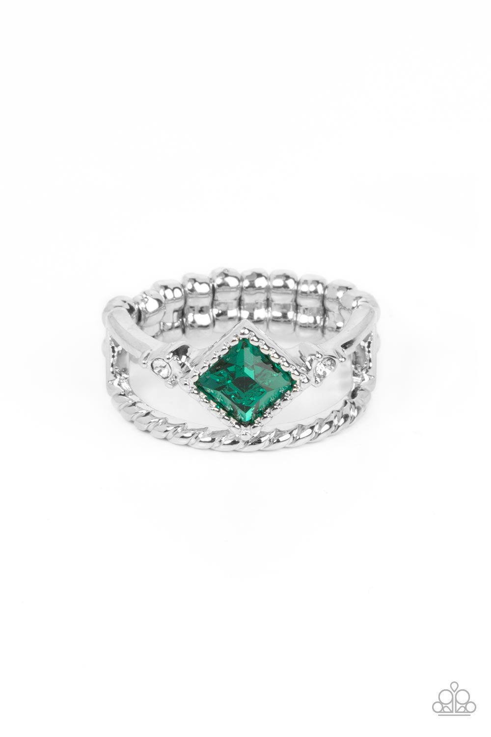Enhanced with a twisted silver band, a green square cut gem tilts between two dainty white rhinestones atop a plain silver band for a prismatically layered look. Features a dainty stretchy band for a flexible fit.