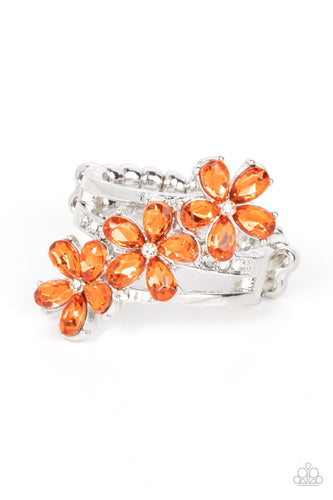 Dotted with dainty white rhinestone centers, orange rhinestone petaled floral frames slant across layers of plain silver and white rhinestone encrusted silver bands for a sparkly efflorescence. Features a stretchy band for a flexible fit. 
