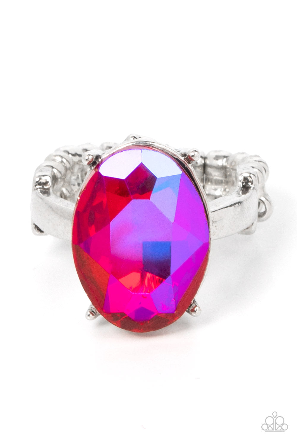 A stunning faceted iridescent pink gem, set in edgy pronged fittings, creates a glamorous show-stopping centerpiece atop sleek silver bands. Features a dainty stretchy band for a flexible fit.