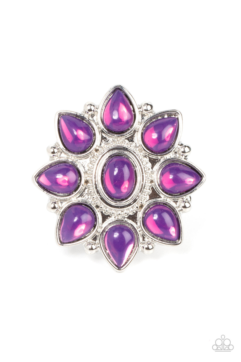 Dewy purple teardrop beads bloom from a matching oval beaded center, resulting in an ethereal floral pattern atop a studded silver backdrop. Features a stretchy band for a flexible fit.