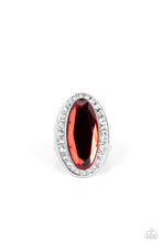 Load image into Gallery viewer, Bordered by a glitzy ring of white rhinestones, an oblong red gem embellishes the center of a dramatically oversized silver frame for a blinding finish. Features a stretchy band for a flexible fit.
