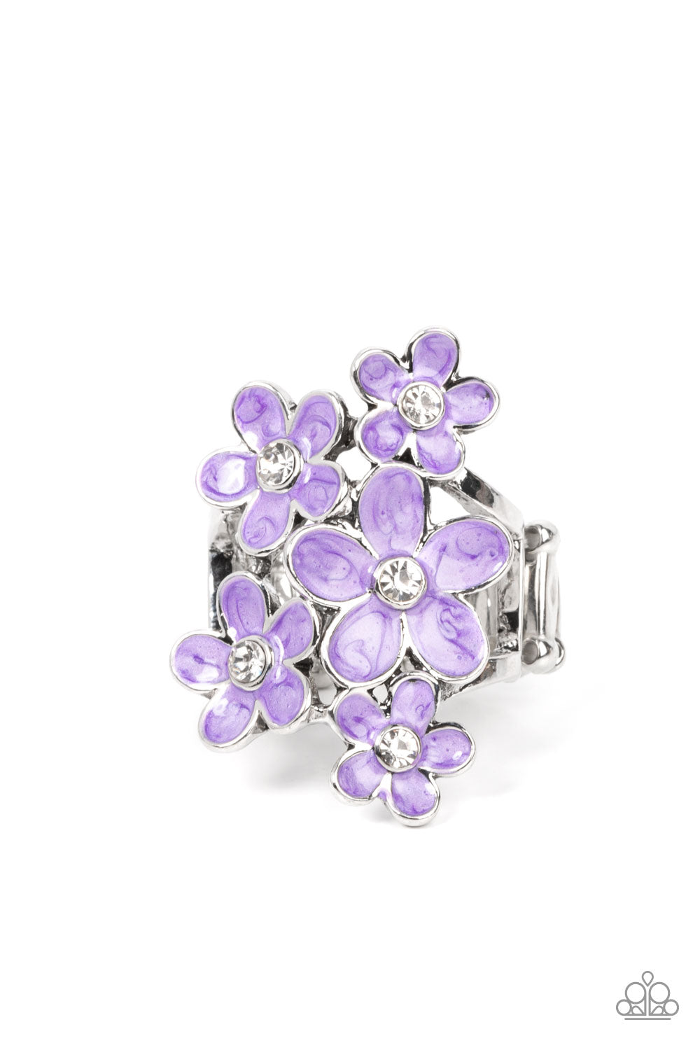 Dotted with dainty white rhinestone centers, a bouquet of shiny purple flowers blooms across the finger for a sensational seasonal look. Features a stretchy band for a flexible fit.