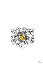 Load image into Gallery viewer, Textured silver petals gently gather around a sparkling yellow rhinestone center, blooming into a dazzling floral centerpiece atop the finger. Features a stretchy band for a flexible fit. 
