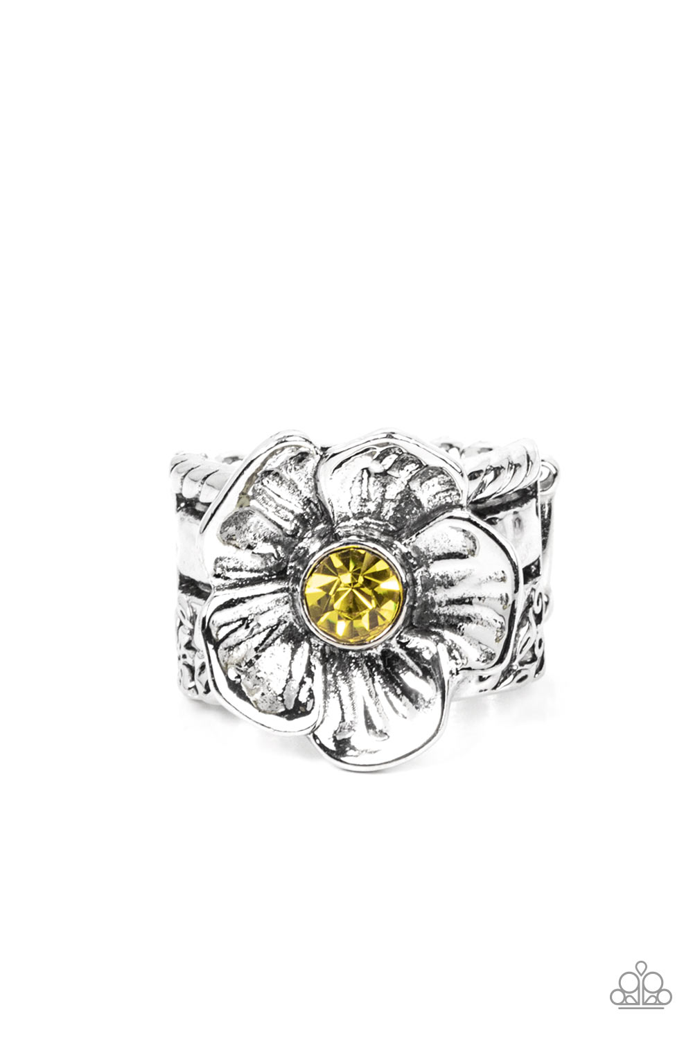 Textured silver petals gently gather around a sparkling yellow rhinestone center, blooming into a dazzling floral centerpiece atop the finger. Features a stretchy band for a flexible fit. 