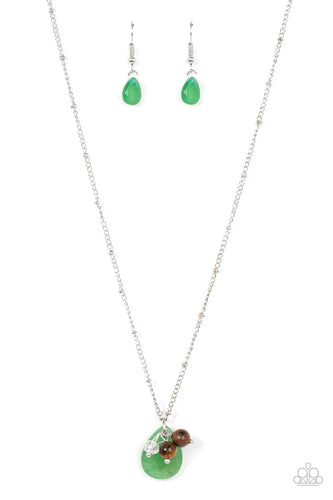 An earthy cluster of wooden, crystal-like, and tiger's eye stone beads joins an enchanting jade teardrop at the bottom of a dainty silver satellite chain, resulting in a tranquil pendant below the collar. Features an adjustable clasp closure.
