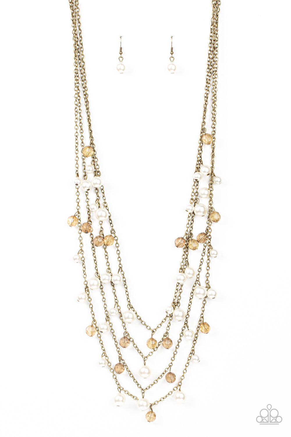 Row after row of bubbly white pearls and brassy crystal-like beads swing from layered brass chains across the chest, creating a noise-making display. Features an adjustable clasp closure. 
