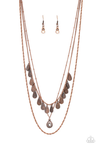 <P>Classic copper, satellite, and twisted chains daintily layer below the collar. An opal rhinestone dotted teardrop swings from the middle chain below a fringe of antiqued copper teardrops, resulting in a dreamy display. Features an adjustable clasp closure. </P>  

<P> <I>Sold as one individual necklace.  Includes one pair of matching earrings.
</I>  </P>
