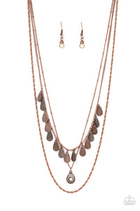 <P>Classic copper, satellite, and twisted chains daintily layer below the collar. An opal rhinestone dotted teardrop swings from the middle chain below a fringe of antiqued copper teardrops, resulting in a dreamy display. Features an adjustable clasp closure. </P>  

<P> <I>Sold as one individual necklace.  Includes one pair of matching earrings.
</I>  </P>
