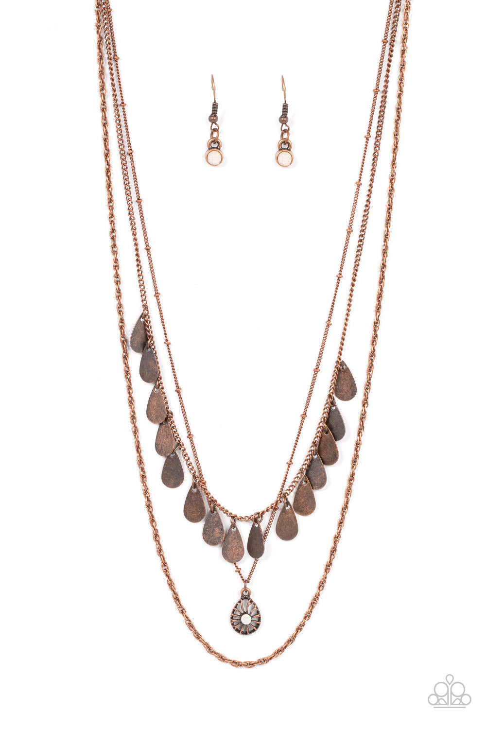 <P>Classic copper, satellite, and twisted chains daintily layer below the collar. An opal rhinestone dotted teardrop swings from the middle chain below a fringe of antiqued copper teardrops, resulting in a dreamy display. Features an adjustable clasp closure. </P>  

<P> <I>Sold as one individual necklace.  Includes one pair of matching earrings.
</I>  </P>
