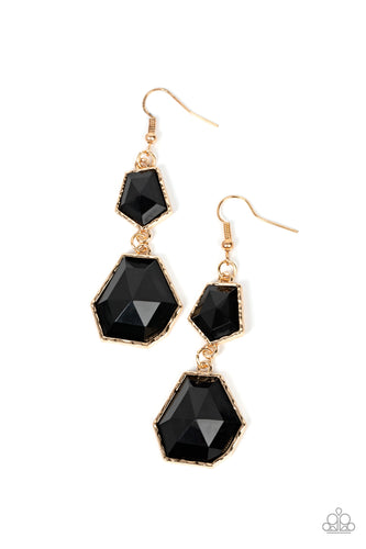Geometric black beads are encased in delicately hammered gold fittings, linking into an edgy pop of color. Earring attaches to a standard fishhook fitting. 