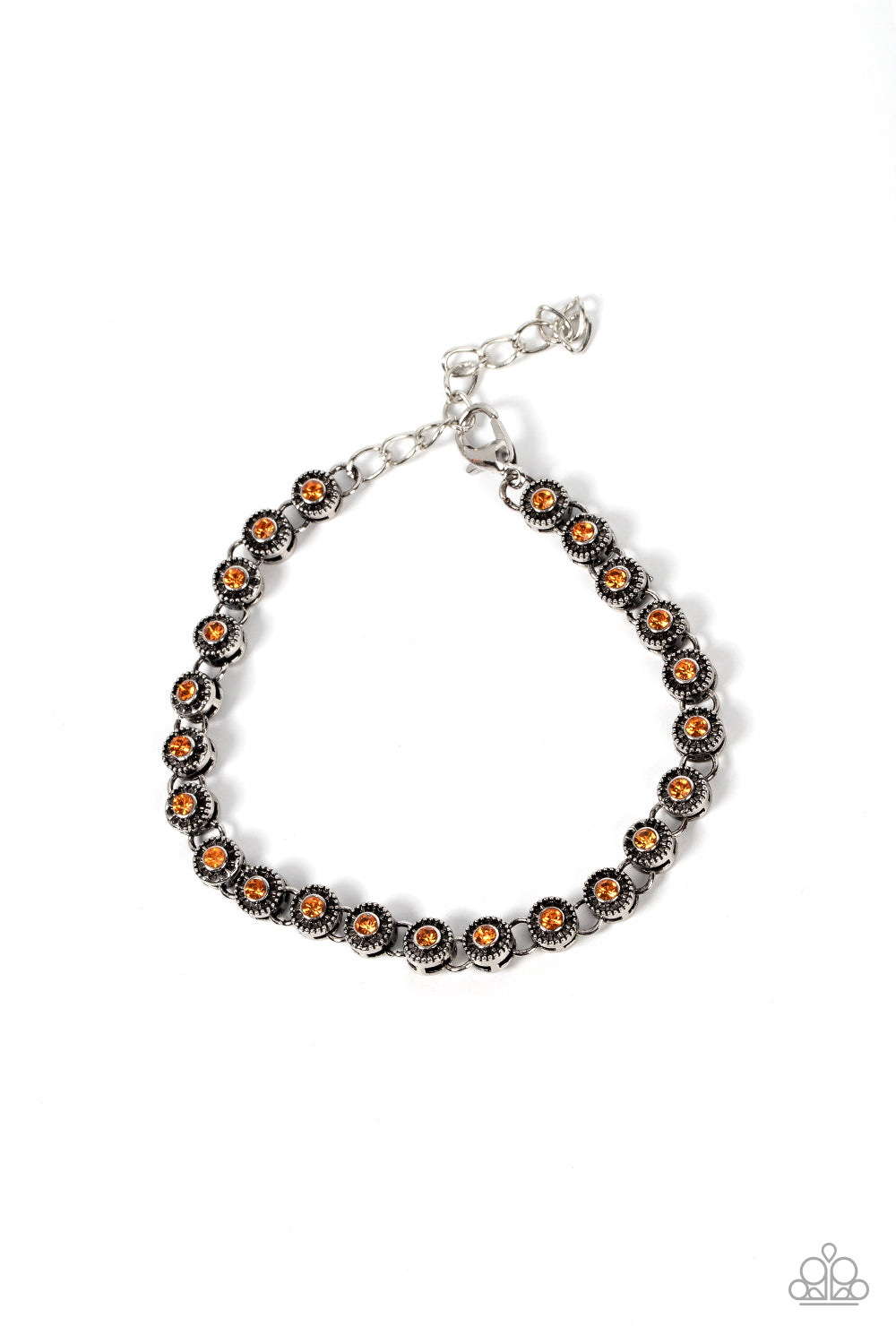 Featuring studded silver fittings, a dainty collection of orange rhinestones delicately connects with antiqued silver links for a subtle shimmer around the wrist. Features an adjustable clasp closure.
