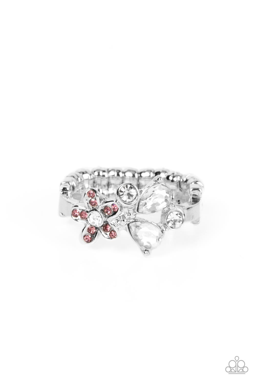 A purple rhinestone dotted floral frame joins round and teardrop white rhinestones atop a dainty silver band, blooming into an enchanting centerpiece across the finger. Features a dainty stretchy band for a flexible fit. 