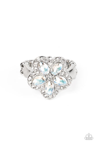 Bordered in glassy white rhinestones, white oval rhinestones bloom into an enchanting floral centerpiece atop the finger. Features a dainty stretchy band for a flexible fit.