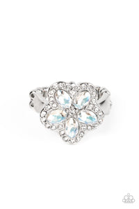 Bordered in glassy white rhinestones, white oval rhinestones bloom into an enchanting floral centerpiece atop the finger. Features a dainty stretchy band for a flexible fit.