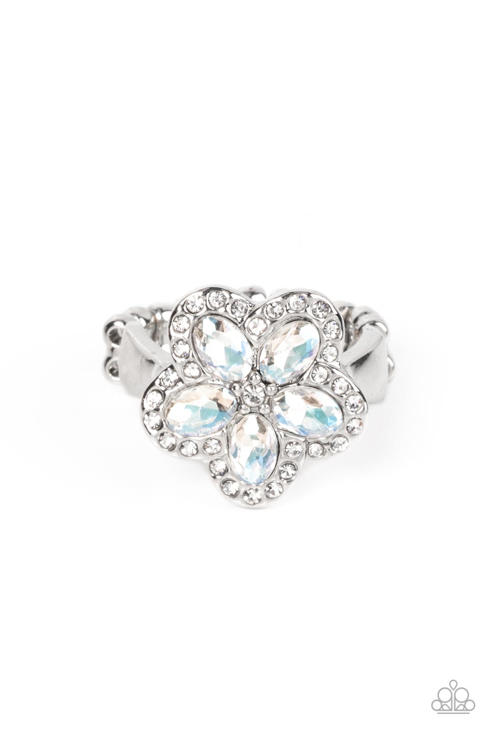 Bordered in glassy white rhinestones, white oval rhinestones bloom into an enchanting floral centerpiece atop the finger. Features a dainty stretchy band for a flexible fit.