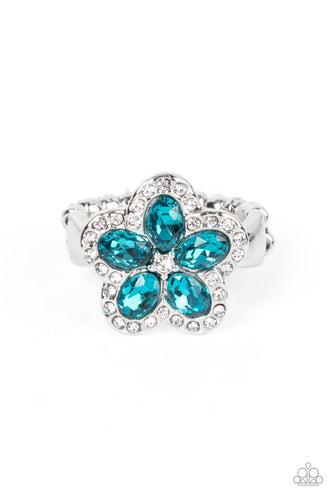 Bordered in glassy white rhinestones, blue oval rhinestones bloom into an enchanting floral centerpiece atop the finger. Features a dainty stretchy band for a flexible fit.