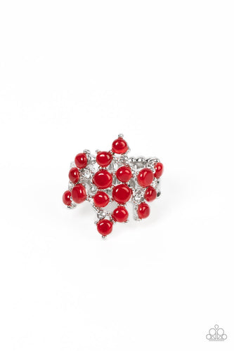 Featuring pronged silver fittings, a dreamy collection of dainty white rhinestones and bubbly red cat's eye stones scatters across the finger for an enchanting fashion. Features a stretchy band for a flexible fit. 
