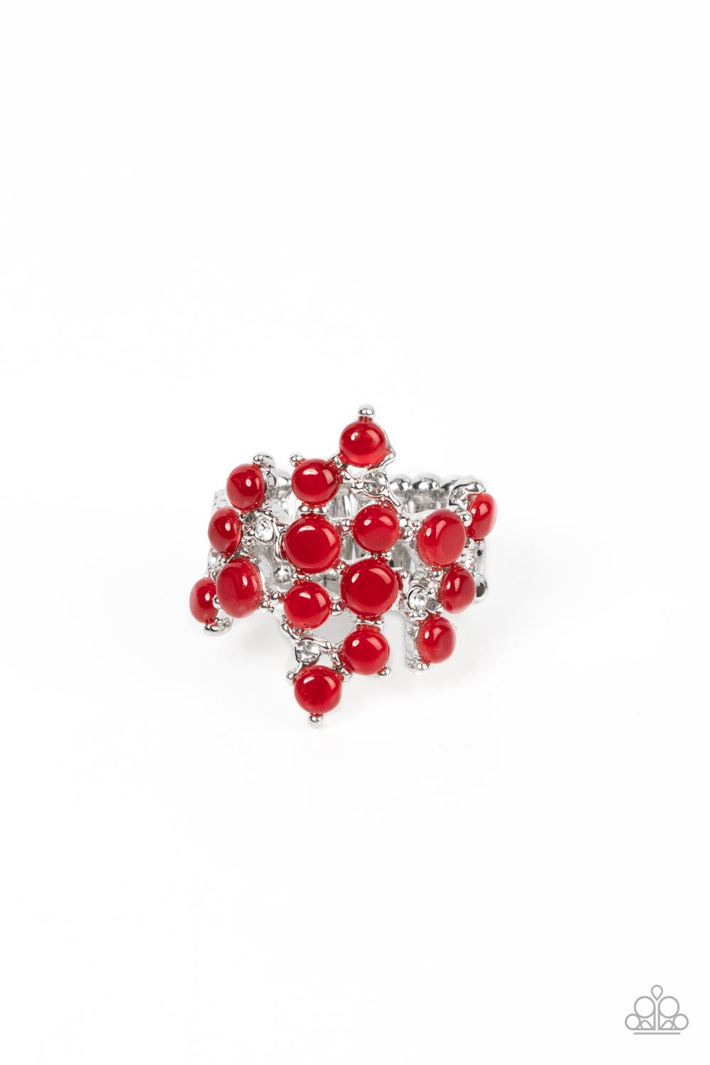 Featuring pronged silver fittings, a dreamy collection of dainty white rhinestones and bubbly red cat's eye stones scatters across the finger for an enchanting fashion. Features a stretchy band for a flexible fit. 