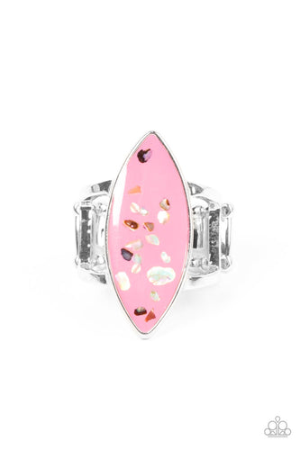 Iridescent shell-like flecks are sprinkled across a pink backdrop inside a glassy marquise shaped frame, resulting in a playful splash of color atop layered silver bands. Features a stretchy band for a flexible fit.