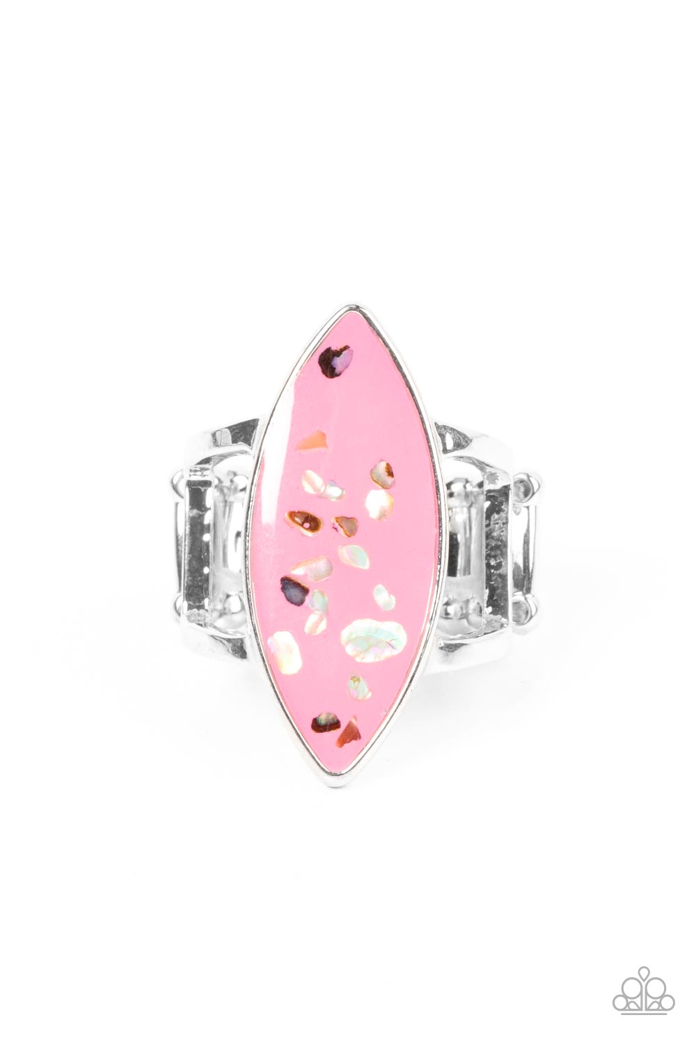 Iridescent shell-like flecks are sprinkled across a pink backdrop inside a glassy marquise shaped frame, resulting in a playful splash of color atop layered silver bands. Features a stretchy band for a flexible fit.