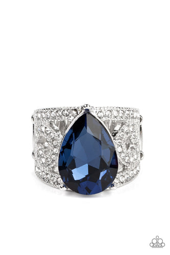 An oversized teardrop gem in the Pantone® of Polar Night embellishes the center of a regal, filigree-filled band dotted in glassy white rhinestones, invoking a royal radiance atop the finger. Features a stretchy band for a flexible fit.