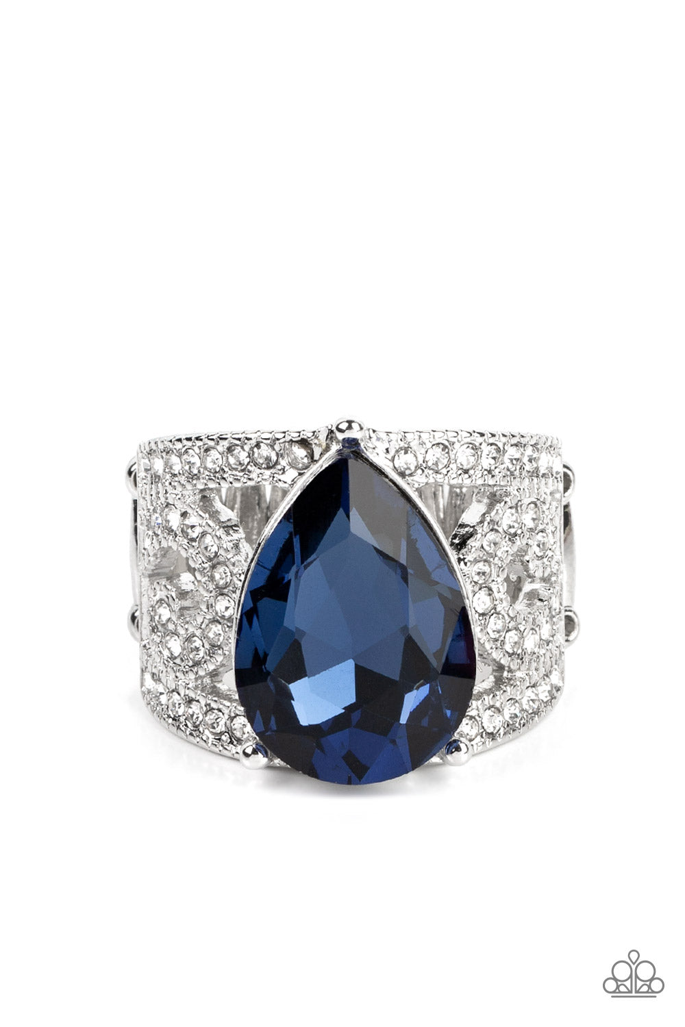 An oversized teardrop gem in the Pantone® of Polar Night embellishes the center of a regal, filigree-filled band dotted in glassy white rhinestones, invoking a royal radiance atop the finger. Features a stretchy band for a flexible fit.
