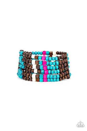 Held together with rectangular wooden frames, a colorful collection of blue, brown, white, and Fuchsia Fedora cube and round wooden beads are threaded along stretchy bands around the wrist for a splash of tropical inspiration.
