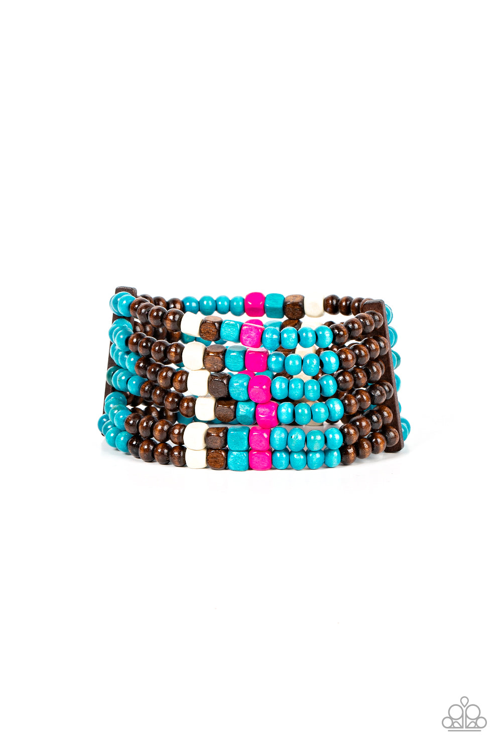 Held together with rectangular wooden frames, a colorful collection of blue, brown, white, and Fuchsia Fedora cube and round wooden beads are threaded along stretchy bands around the wrist for a splash of tropical inspiration.