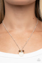 Load image into Gallery viewer, An earthy cluster of wooden, crystal-like, and tiger&#39;s eye stone beads joins an enchanting quartz-like teardrop at the bottom of a dainty silver satellite chain, resulting in a tranquil pendant below the collar. Features an adjustable clasp closure. 
