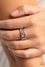 Load image into Gallery viewer, Infused with a timeless band of white rhinestones, a dainty collection of trapezoidal light pink, dark pink, and iridescent rhinestones staggers across the finger for a glamorously layered look. Features a dainty stretchy band for a flexible fit.
