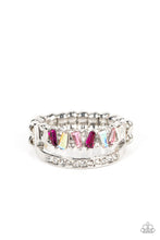 Load image into Gallery viewer, Infused with a timeless band of white rhinestones, a dainty collection of trapezoidal light pink, dark pink, and iridescent rhinestones staggers across the finger for a glamorously layered look. Features a dainty stretchy band for a flexible fit.
