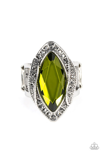 Dotted in dainty hematite rhinestones, folds of silver gather around an oversized marquise cut green gem for a gritty display of glitter atop the finger. Features a stretchy band for a flexible fit.