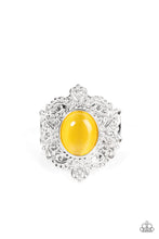 Load image into Gallery viewer, Embossed in an enchanting heart motif, a frilly silver frame is adorned with a dreamy yellow cat&#39;s eye stone center for a magical pop of color atop the finger. Features a stretchy band for a flexible fit.
