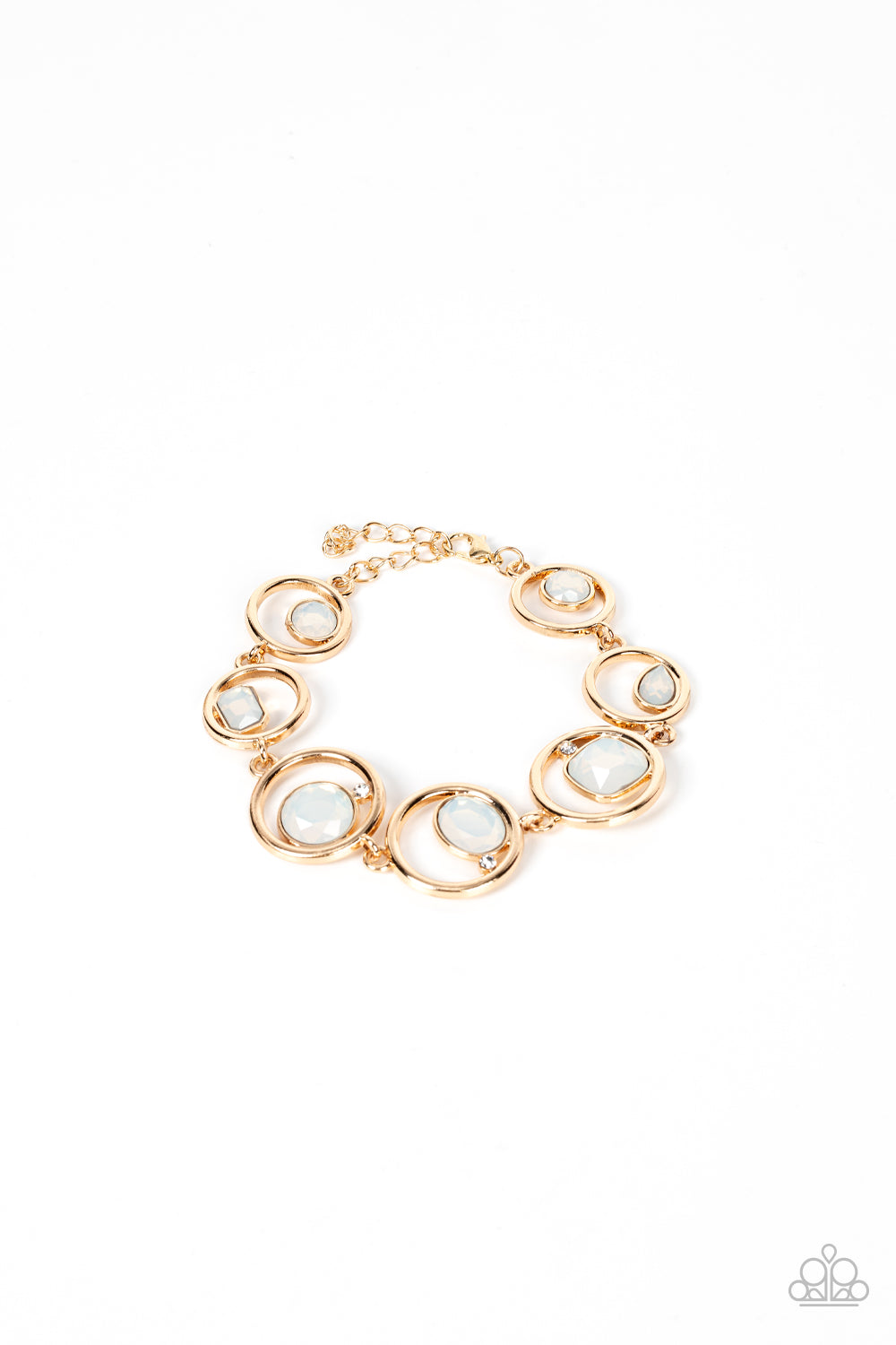 Sporadically infused with dainty white rhinestones, a glittery collection of round, teardrop, and emerald cut opal rhinestones haphazardly adorn the centers of interlocking gold hoops around the wrist for a mesmerizing finish. Features an adjustable clasp closure.